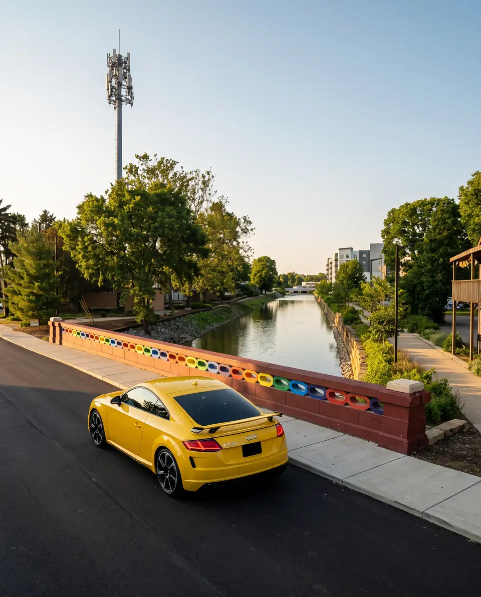 A yellow sports coupe on a bridge with colourful railings over a city canal