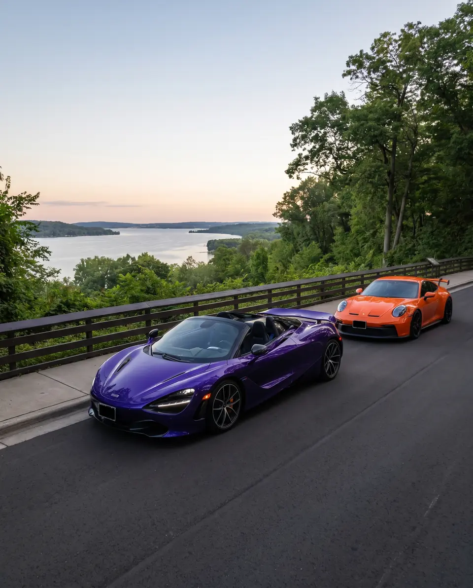 A purple and an orange sports car on a road overlooking a wide lake at dusk
