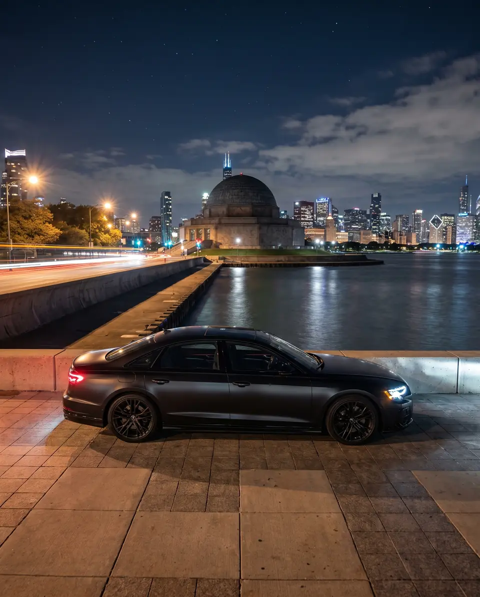 A black saloon on a lakefront promenade with a lit city skyline behind it at night