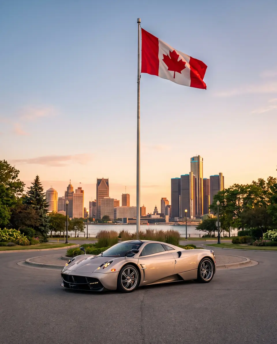 A silver supercar on a riverside roundabout with a flag and a city skyline across the water at sunset