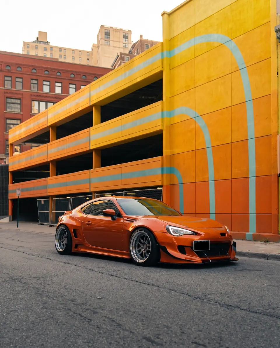 An orange widebody coupe in front of a bright yellow and orange parking garage