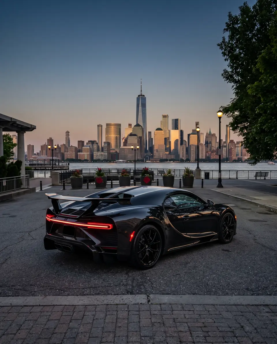 A black hypercar on a waterfront plaza facing a city skyline across the river at dusk