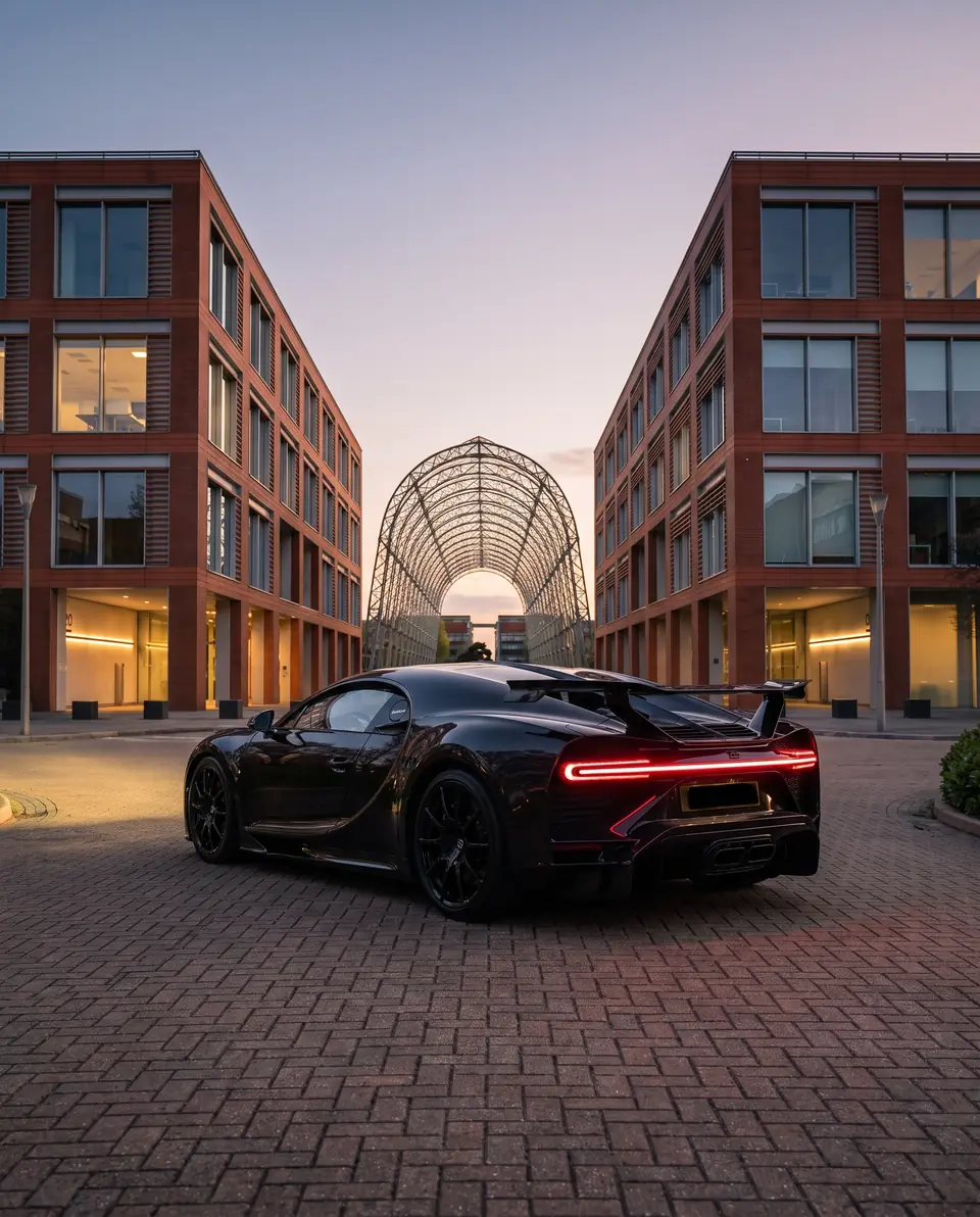 A black hypercar on brick paving between two office buildings and a steel arch frame at sunset