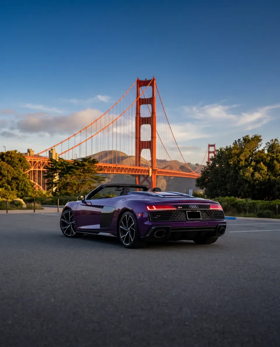A purple convertible parked in front of a red suspension bridge under a blue sky