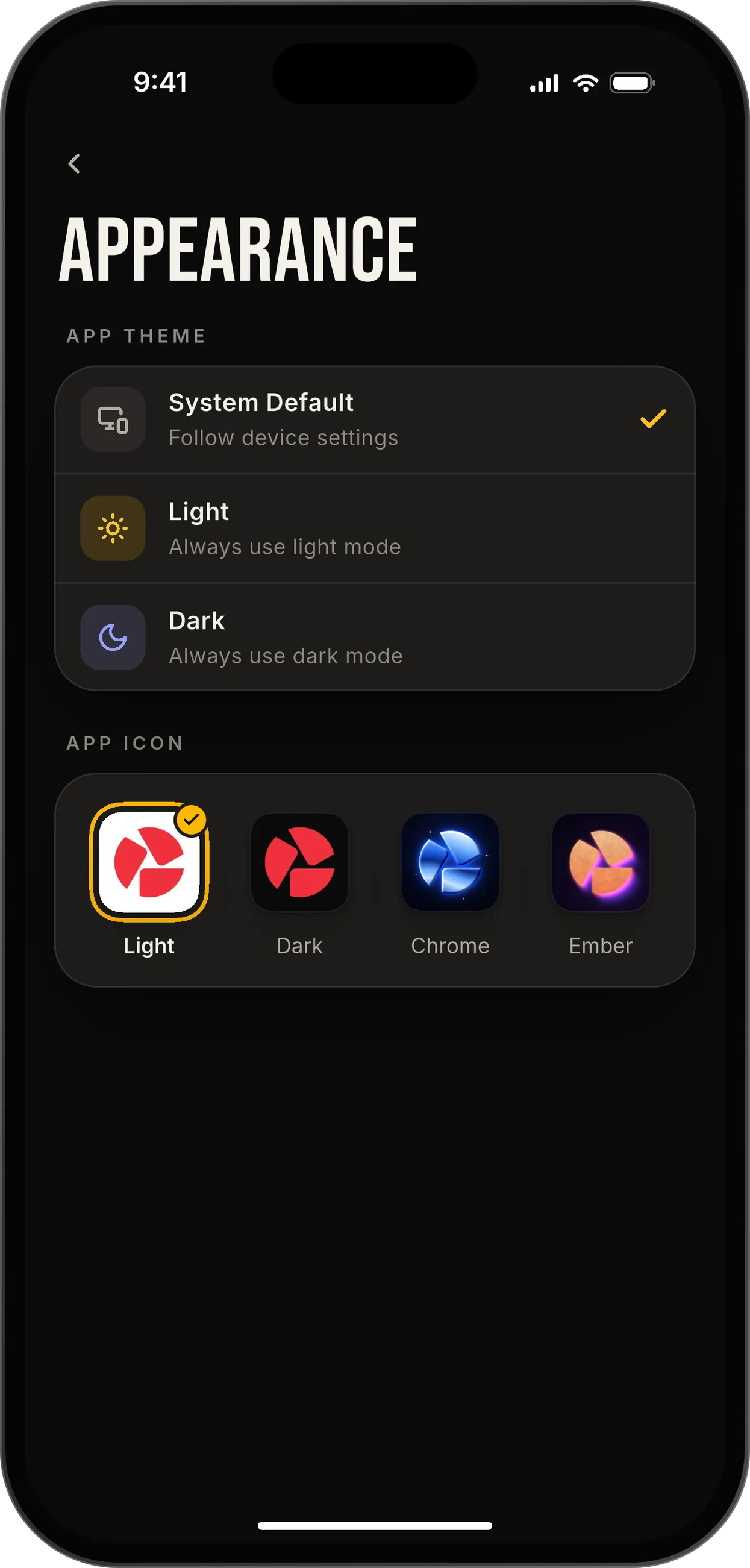 PhotoScout appearance settings: system, light or dark theme, and four app icons