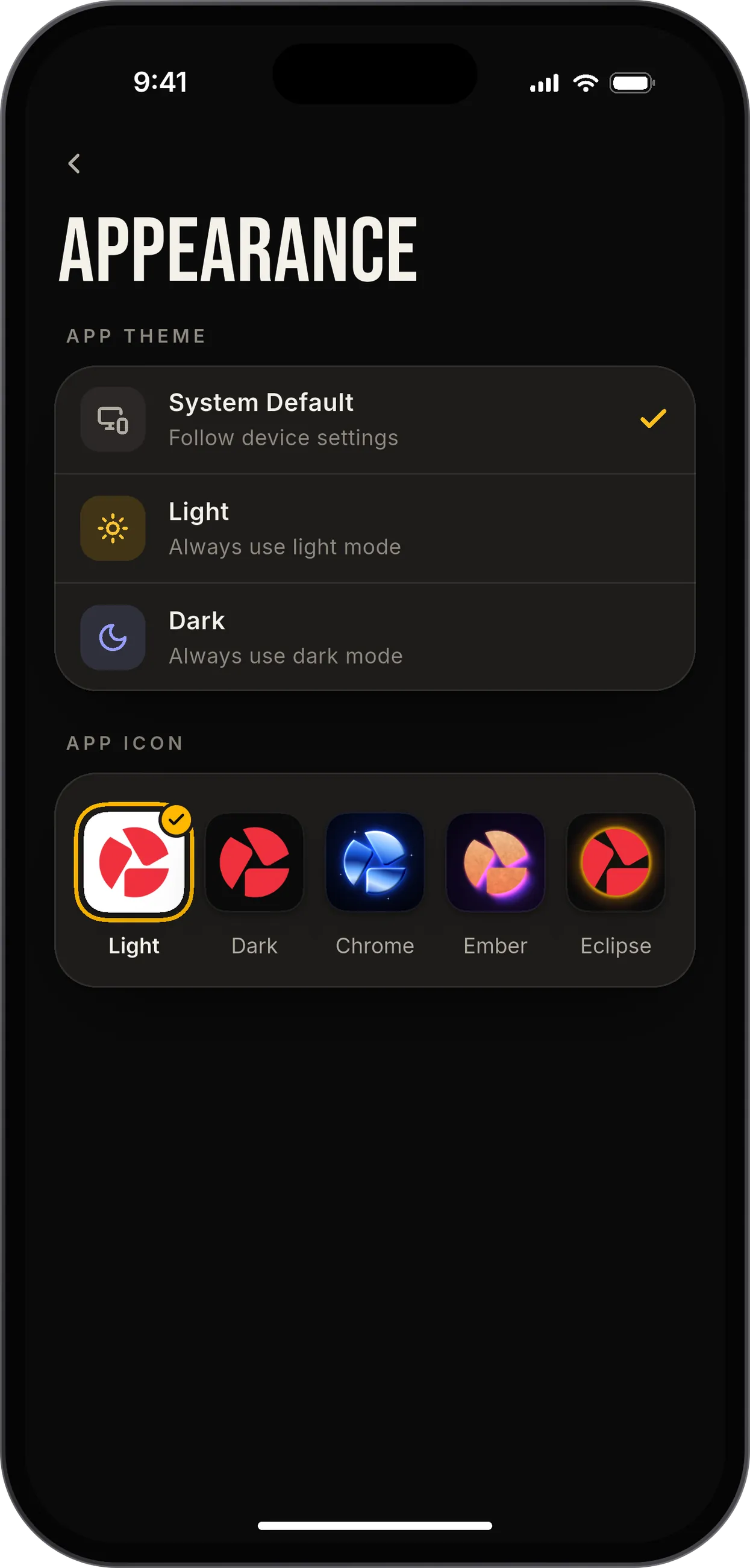 PhotoScout appearance settings: system, light or dark theme, and five app icons, in dark mode