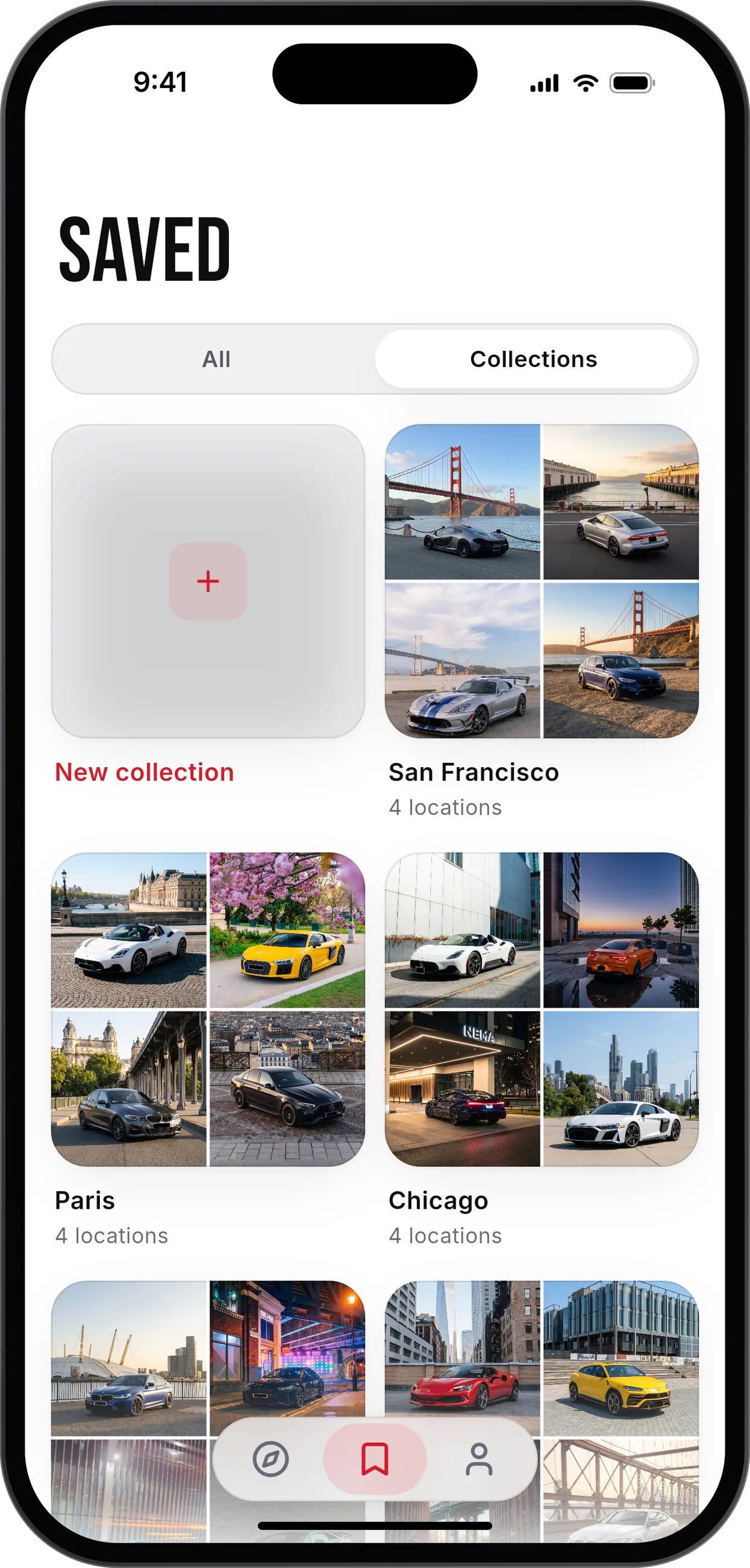 PhotoScout collections for San Francisco, Paris and Chicago, each with four locations