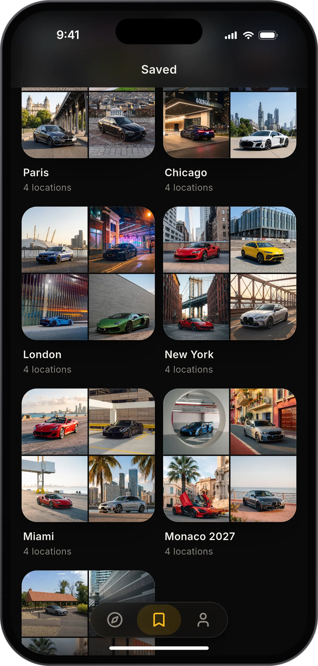 PhotoScout collections in dark mode for Paris, Chicago, London, New York, Miami and Monaco