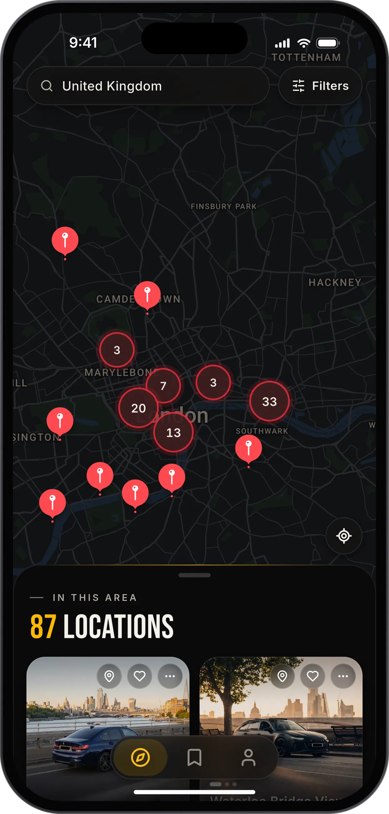 PhotoScout map of London in dark mode with location pins and the spots in this area below