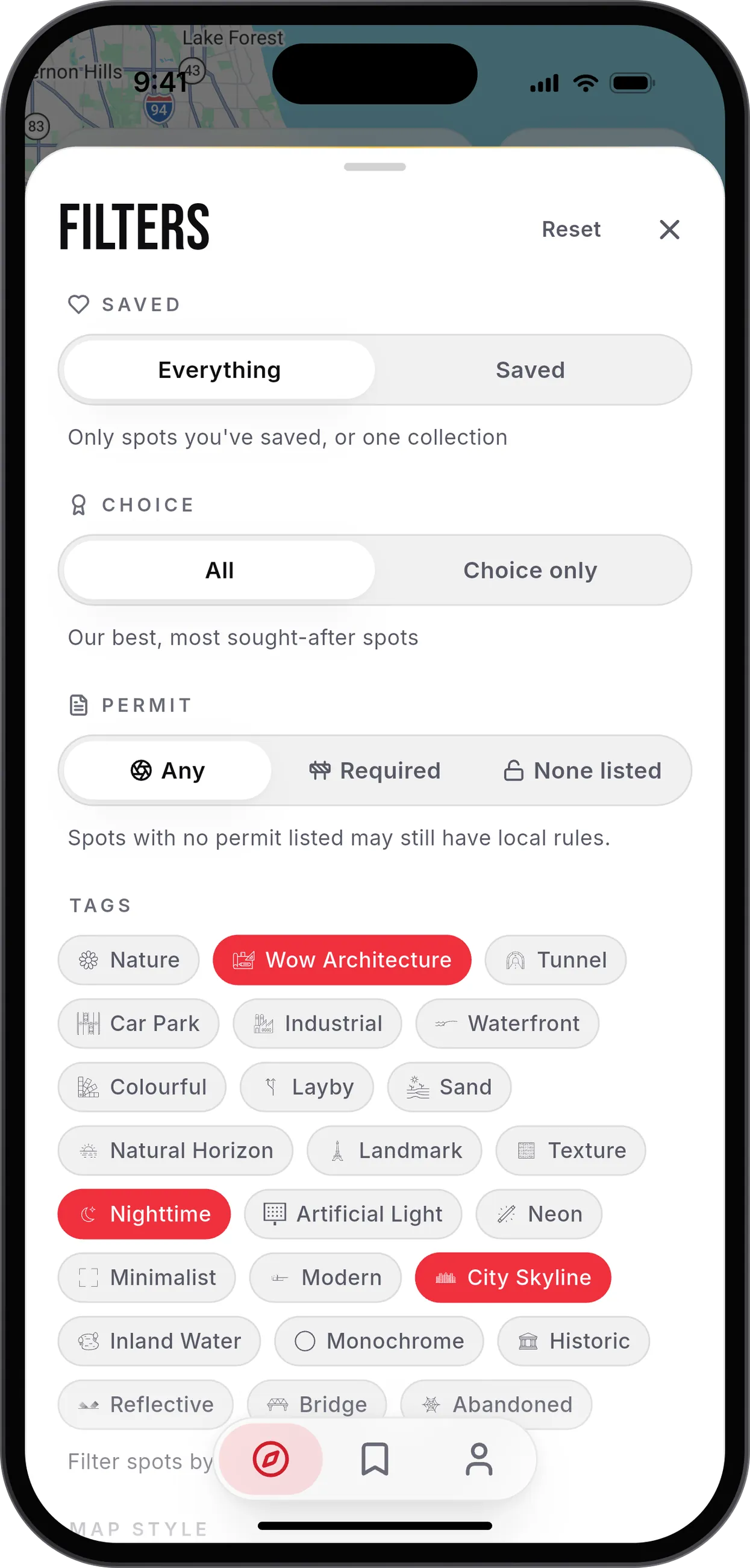 PhotoScout filters for saved spots, Choice spots, permit status and tags