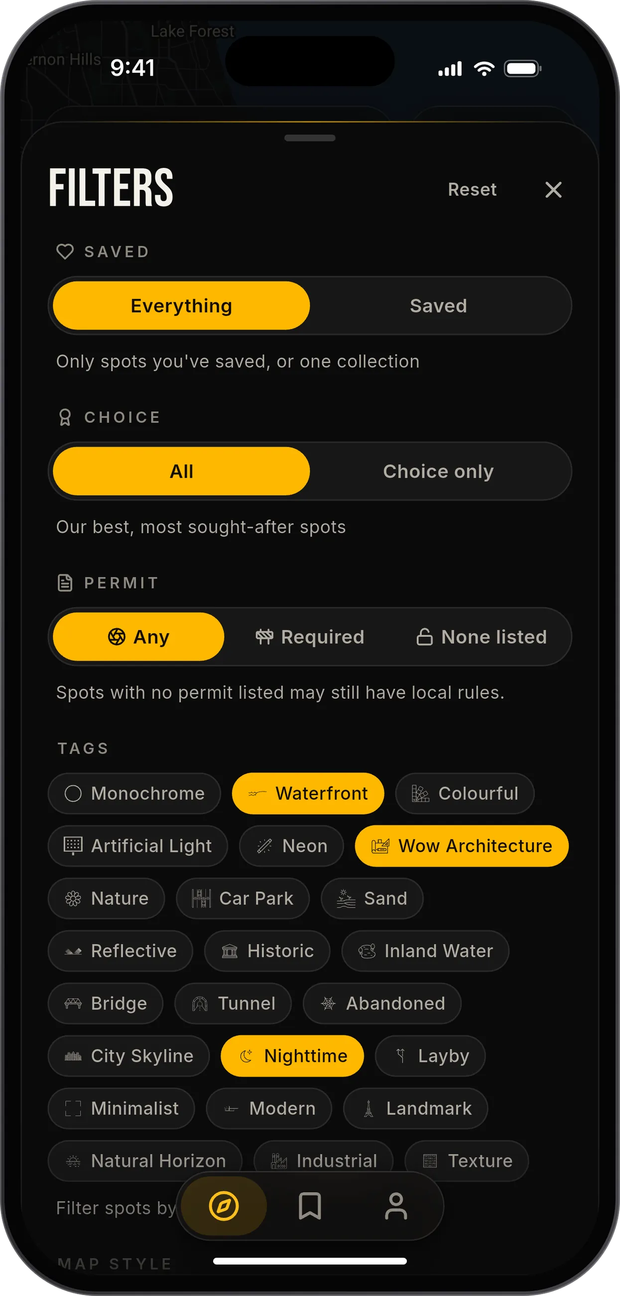 PhotoScout filters for saved spots, Choice spots, permit status and tags, with Waterfront, Wow Architecture and Nighttime selected, in dark mode