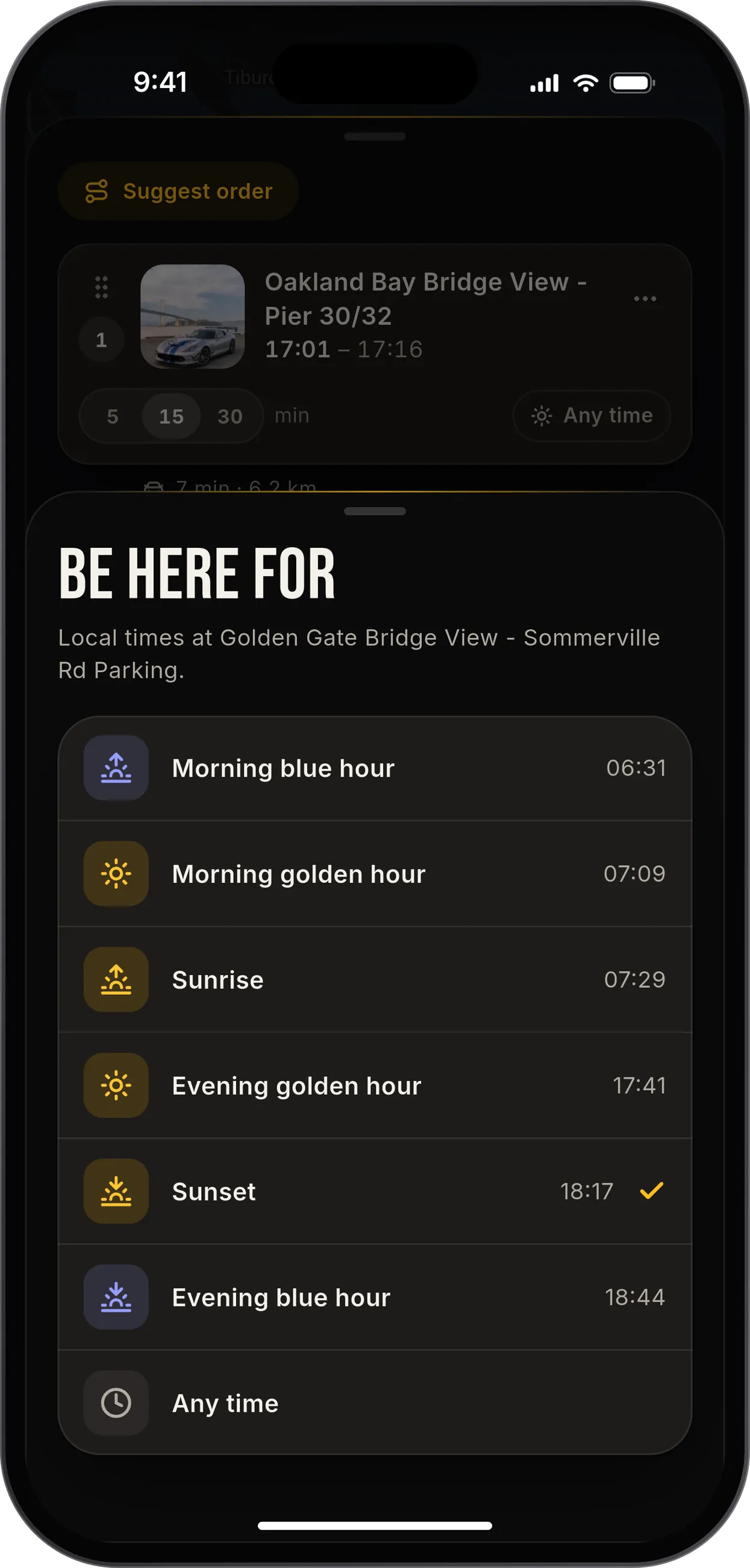 PhotoScout local light times for a stop: morning blue hour, morning golden hour, sunrise, evening golden hour, sunset and evening blue hour, in dark mode