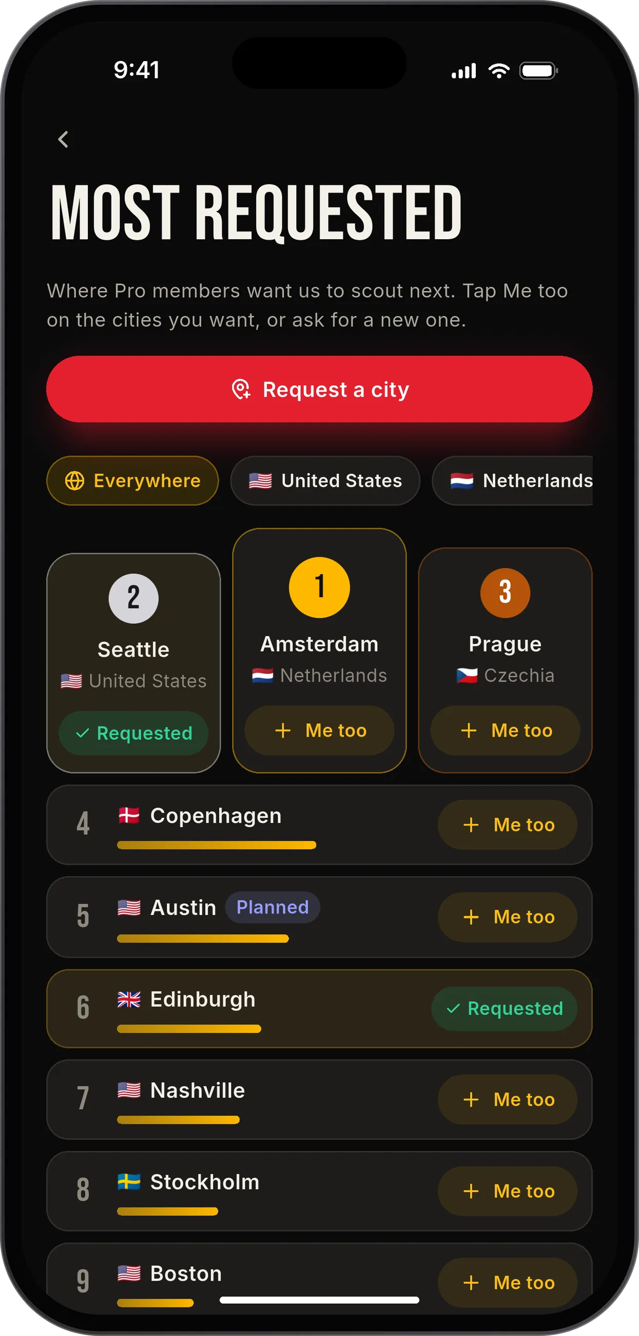 The PhotoScout leaderboard of the most requested cities, led by Amsterdam, with Me too buttons to vote and a button to request a city