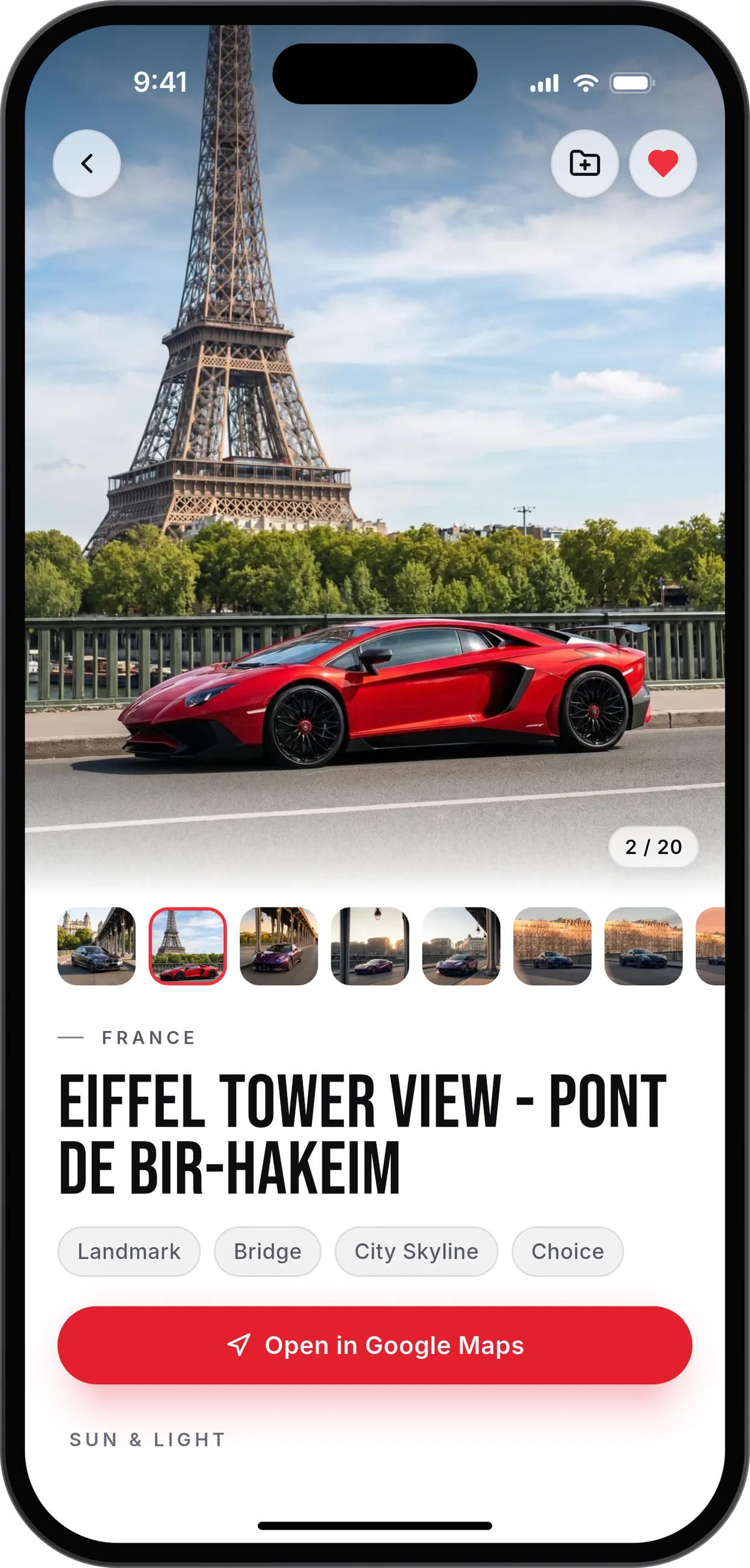 A PhotoScout spot in Paris: a red sports car in front of the Eiffel Tower, with its tags and an Open in Google Maps button