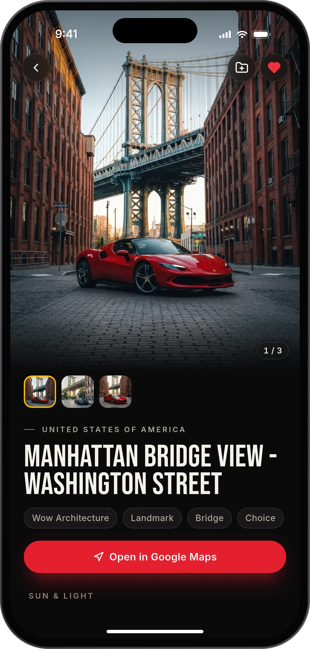 A PhotoScout spot in New York in dark mode: a red sports car below the Manhattan Bridge, with its tags and an Open in Google Maps button