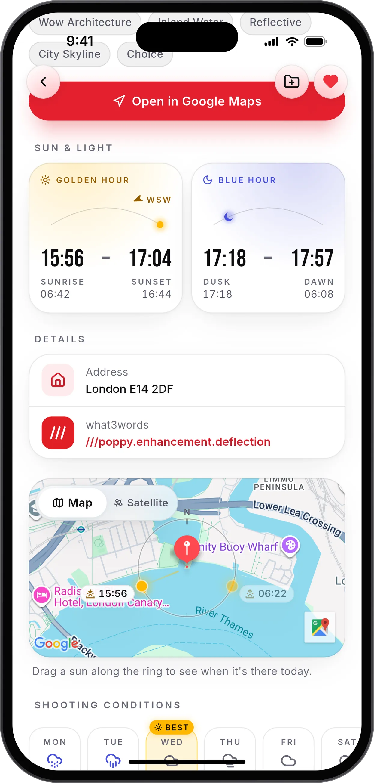 A PhotoScout spot in London: golden hour and blue hour times, the golden hour sun to the west-southwest, and a map with a ring around the pin showing where the sun rises and sets