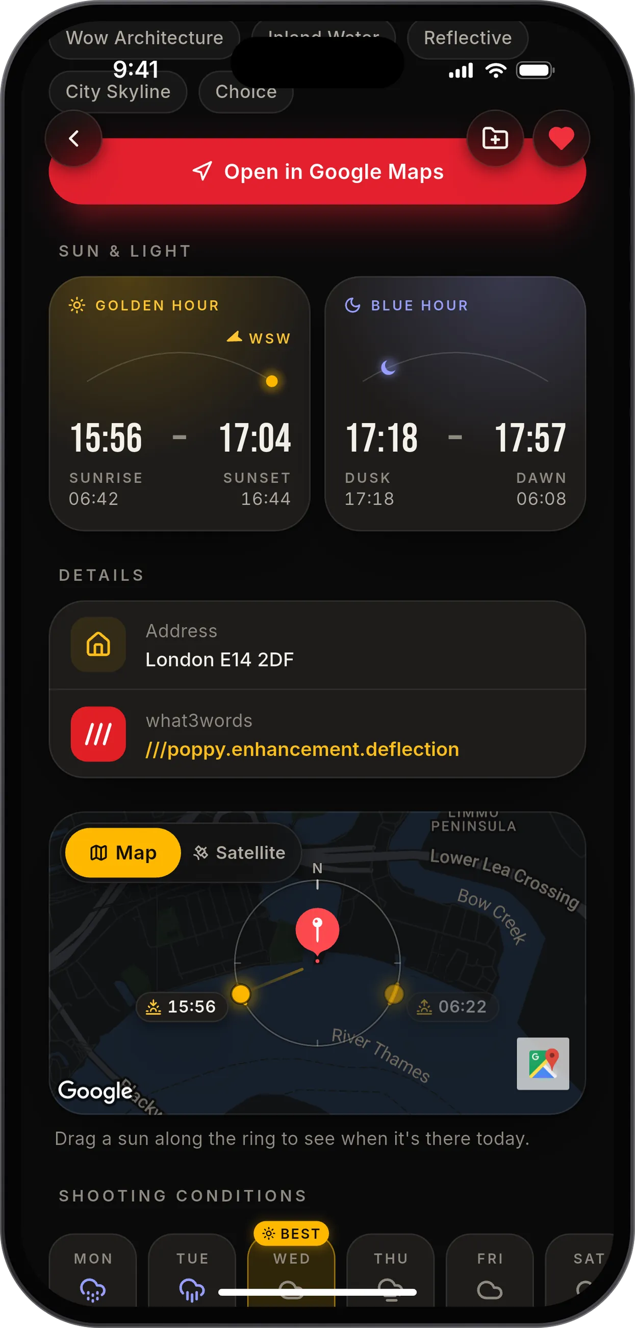 A PhotoScout spot in London: golden hour and blue hour times, the golden hour sun to the west-southwest, and a map with a ring around the pin showing where the sun rises and sets, in dark mode