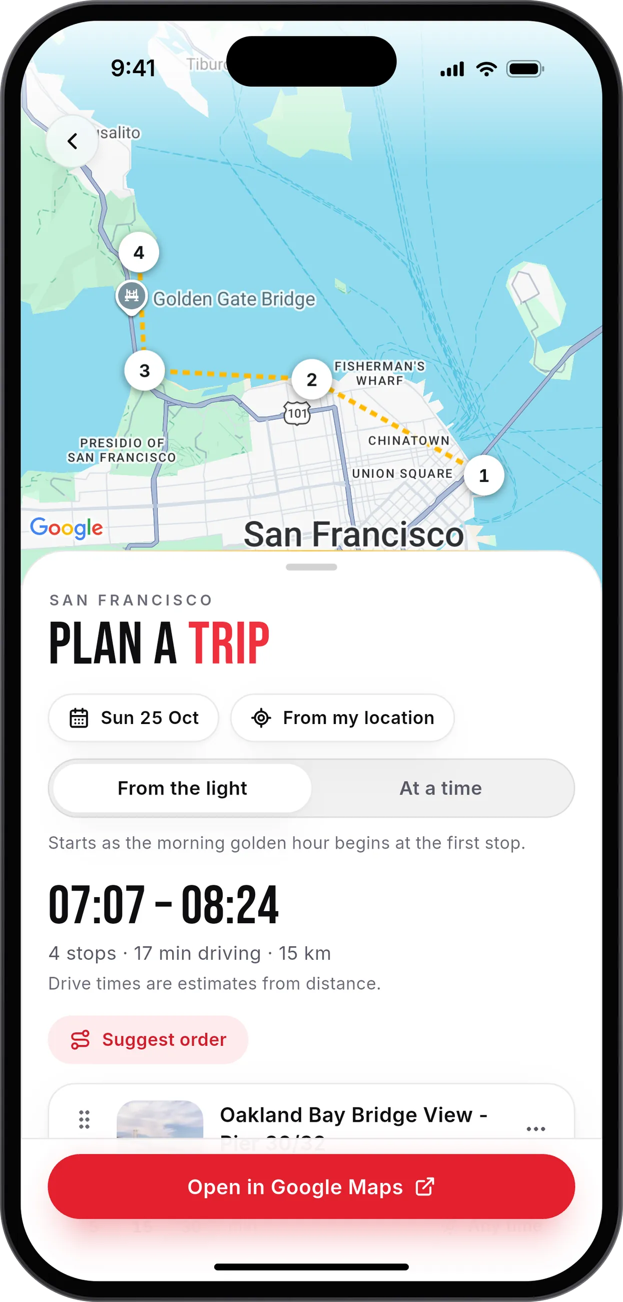 A PhotoScout trip in San Francisco: four stops on the map, timed from the morning golden hour, with a button to open the route in Google Maps