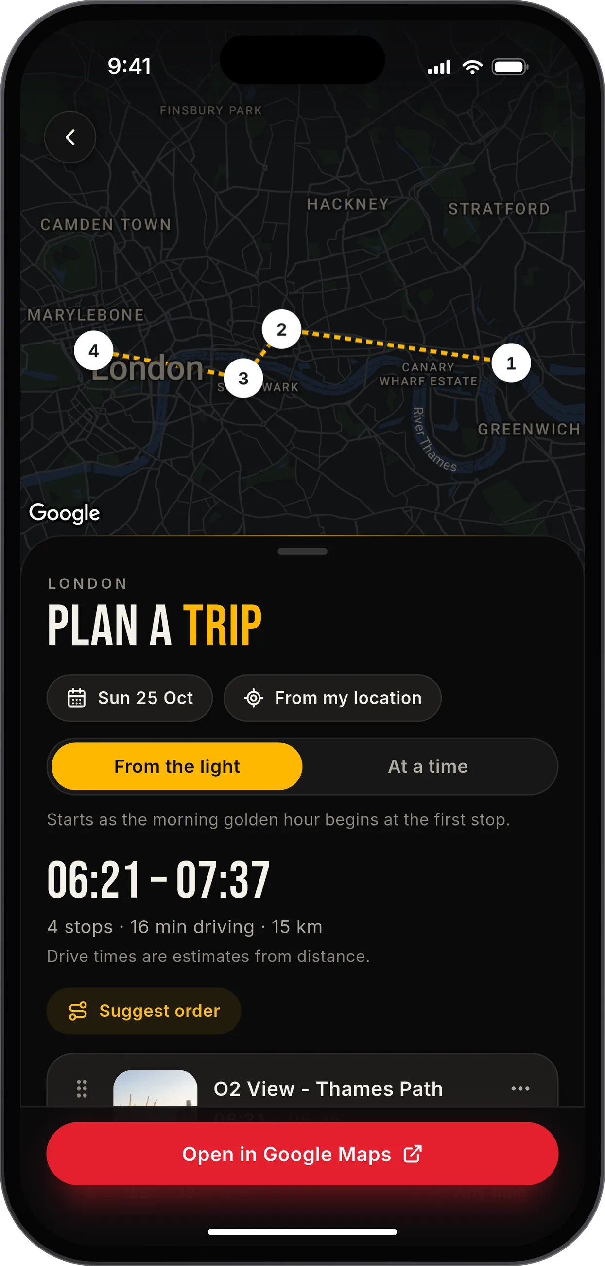 A PhotoScout trip in London in dark mode: four stops on the map, timed from the morning golden hour, with a button to open the route in Google Maps