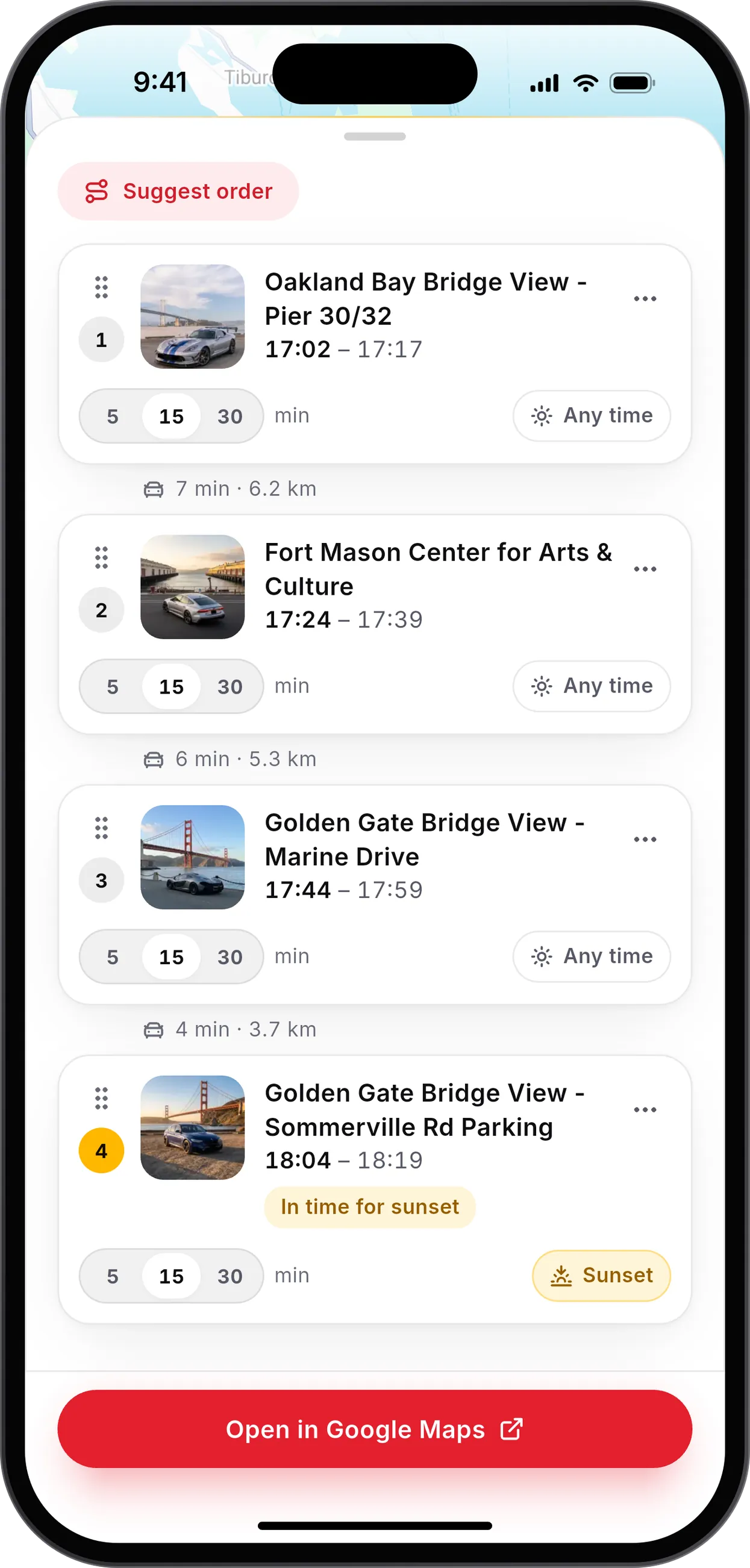 The stops on a PhotoScout trip, each with its arrival time and how long to stay, the last one in time for sunset