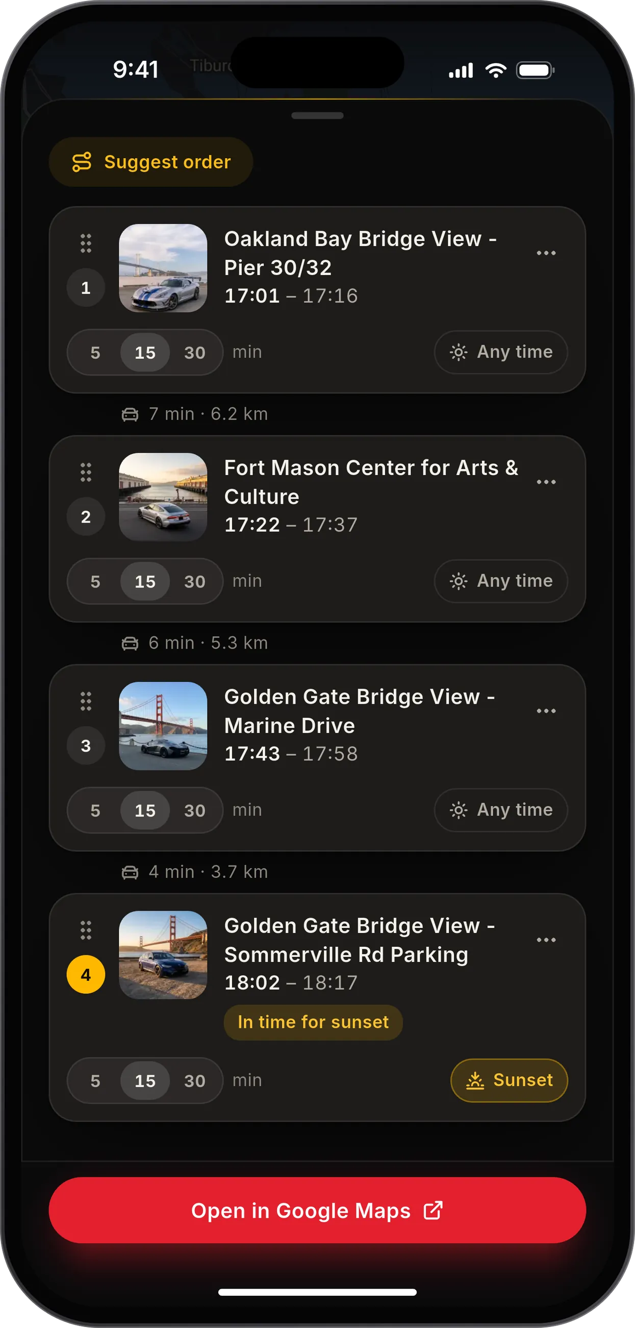 The stops on a PhotoScout trip, each with its arrival time and how long to stay, the last one in time for sunset, in dark mode